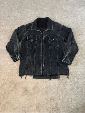 Women’s Black Washed Denim Jacket with Distressed Hem